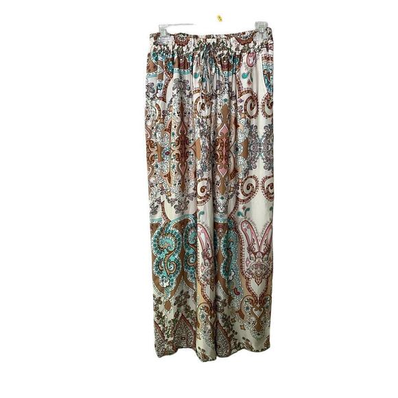 Women's Cropped Pant Beige Silky Paisley Wide Leg Flat Front Bohemian - Picture 1 of 6